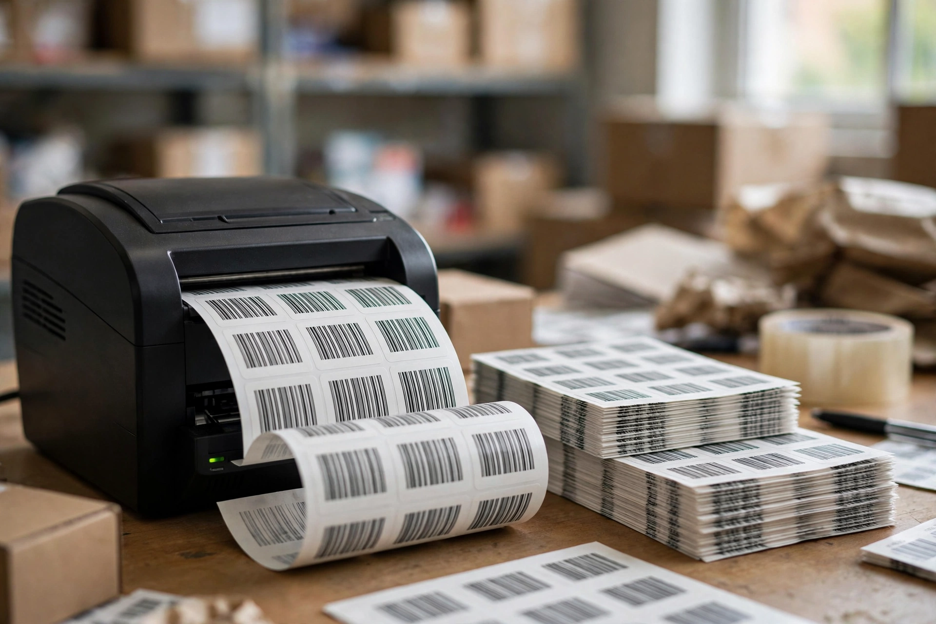 Freshly printed sheets of barcode labels from a thermal printer