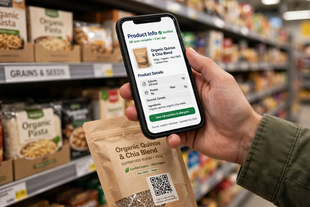 smartphone scanning QR code on product packaging