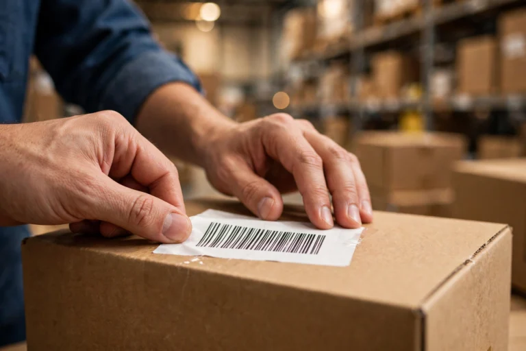 Warehouse worker applying a barcode shipping label to a cardboard box