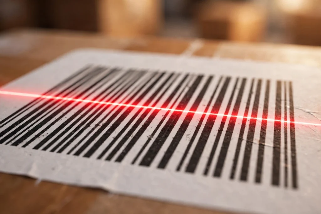 Close-up of a printed barcode on a shipping label with a red laser scan line