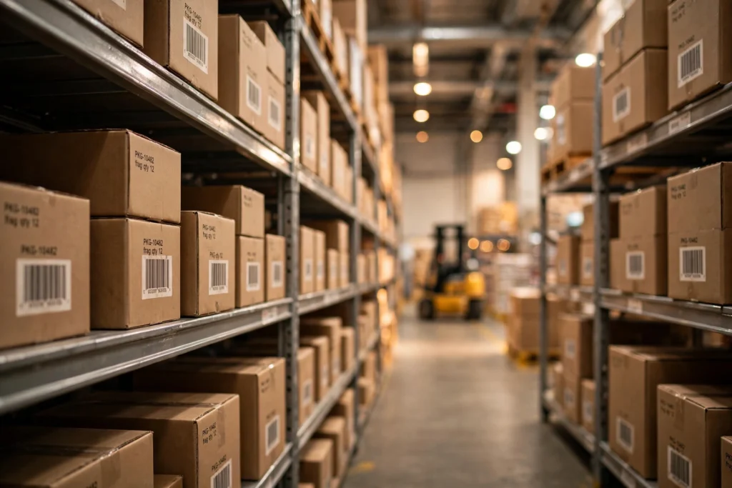 Warehouse aisle with shelving stacked with barcode-labeled boxes