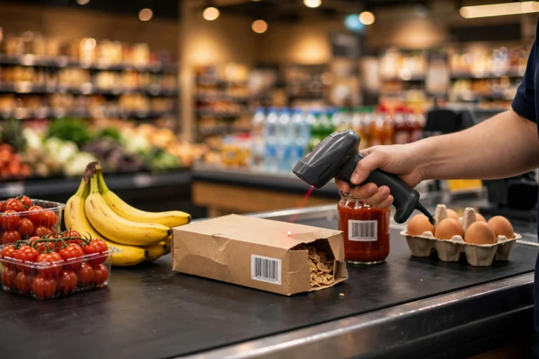 Supermarket checkout with barcode-labeled products on the conveyor belt