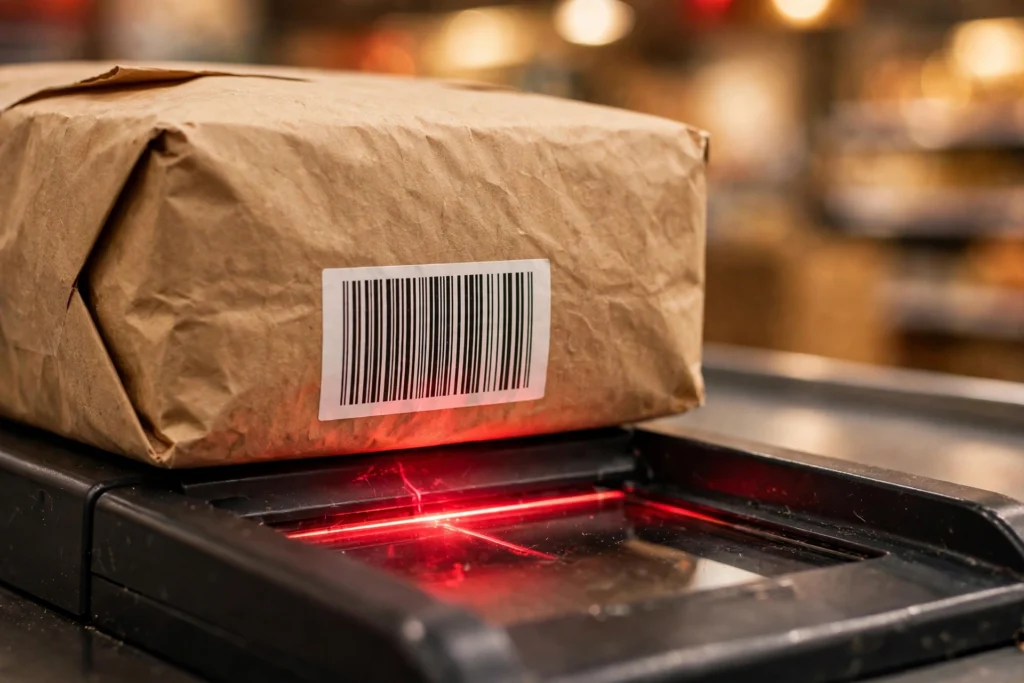 Product barcode being scanned by a checkout scanner