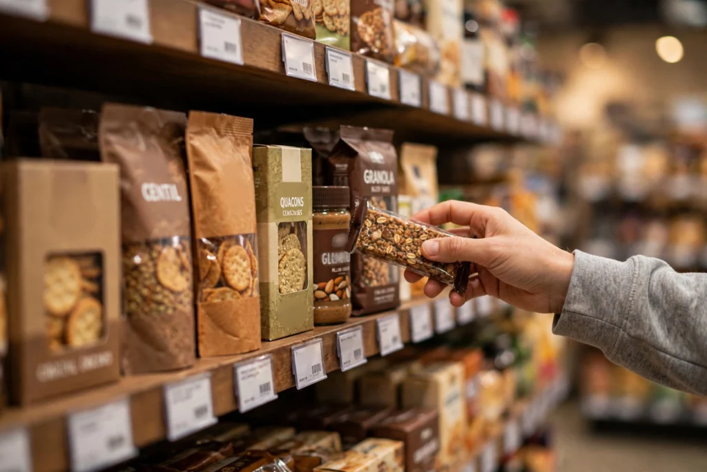Retail store shelf stocked with packaged products