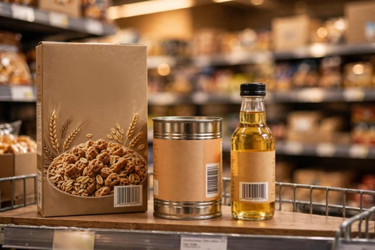 Assorted retail products with barcode labels on a store shelf