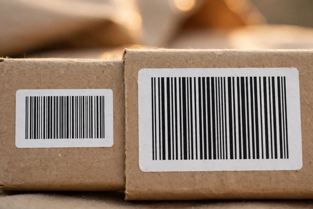 Small compact barcode label next to a larger standard barcode label on packaging