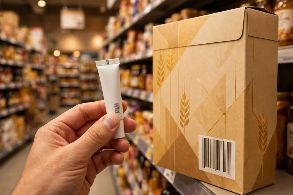 Hand holding a small cosmetic product with a tiny barcode beside a large cereal box