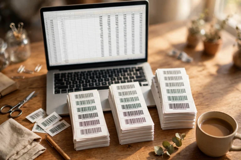 Desk with a laptop showing a spreadsheet and stacks of printed barcode label sheets