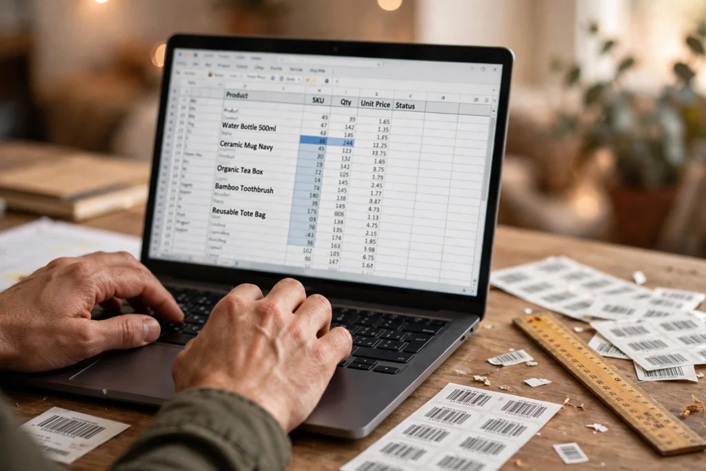 How to Generate Barcodes from Excel/CSV in Bulk (Step-by-Step Guide) 1 Hands typing on a laptop with a spreadsheet, printed barcode labels on the desk