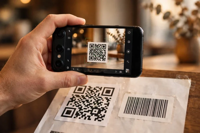 Hand holding a smartphone scanning a QR code poster next to a 1D barcode label
