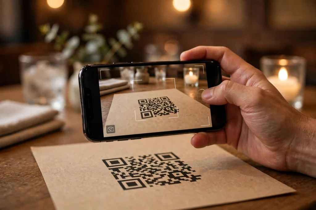 Smartphone scanning a QR code on a restaurant table menu