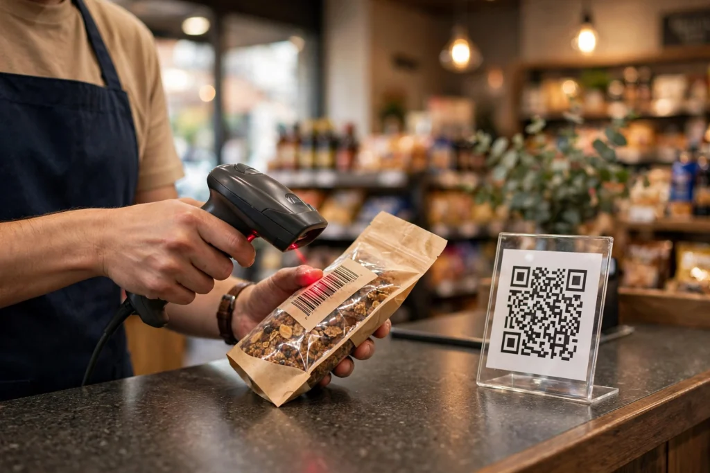 Retail checkout with a cashier scanning a product barcode and a QR payment stand