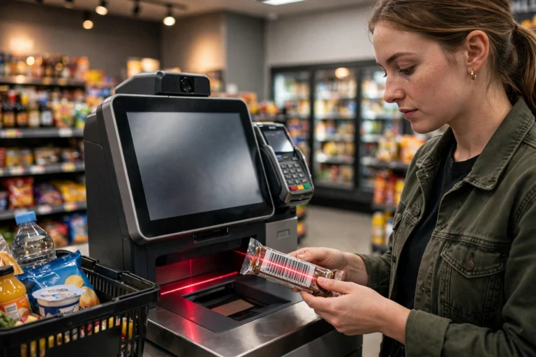 Shopper scanning a product barcode at an AI self-checkout terminal