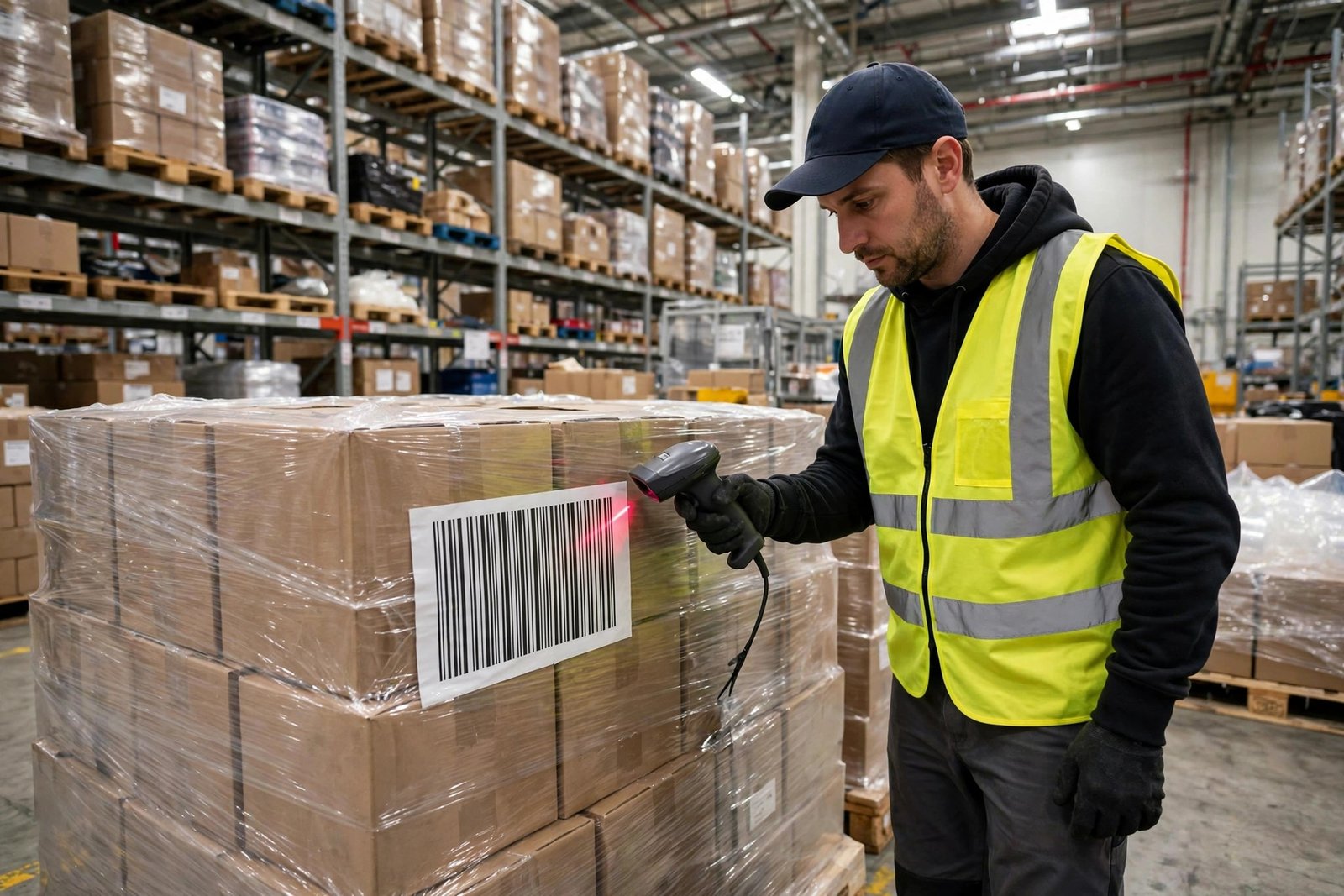 Free Barcode Generator for Warehouse: Pallet, Bin & SKU Labels 1 Warehouse worker scanning barcode label on a pallet in a warehouse