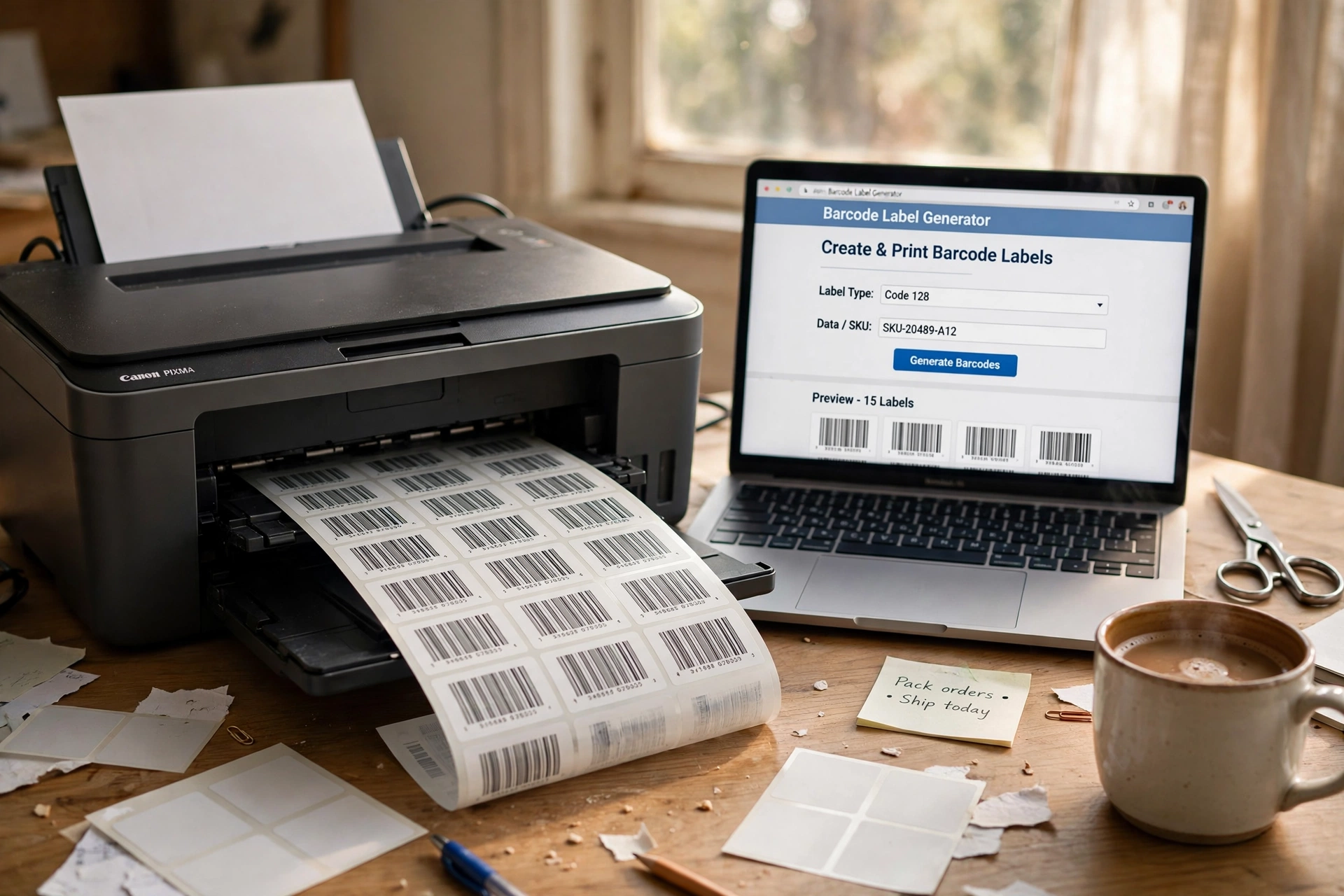 How to Print Barcode Labels at Home Without Wasting Sheets 1 Home office setup showing how to print barcode labels on an inkjet printer.