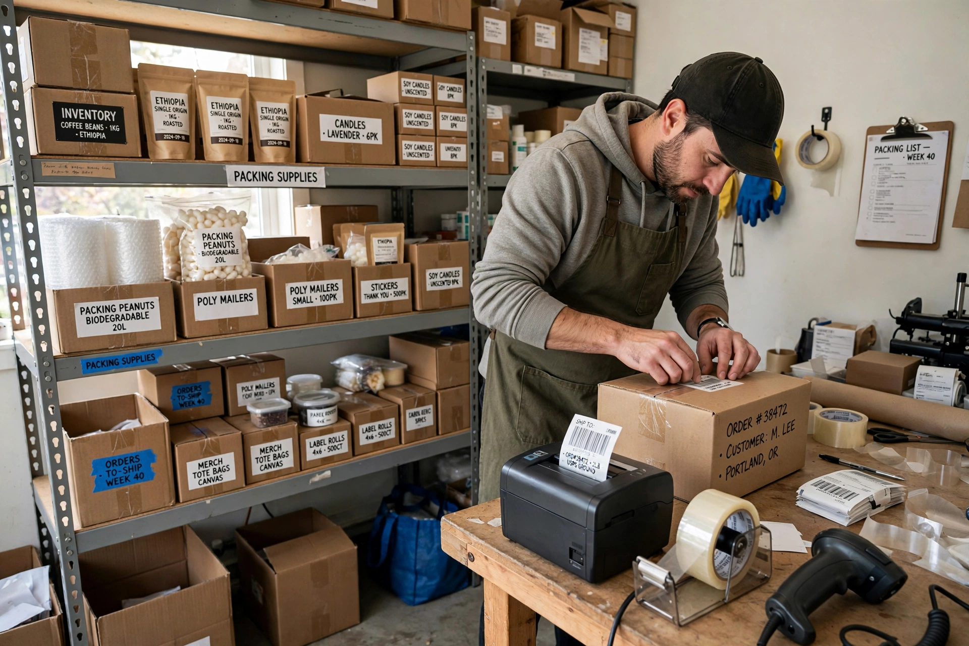 How to Print Barcode Labels at Home Without Wasting Sheets 3 Home business packing station with thermal printer and labelled shipping boxes.