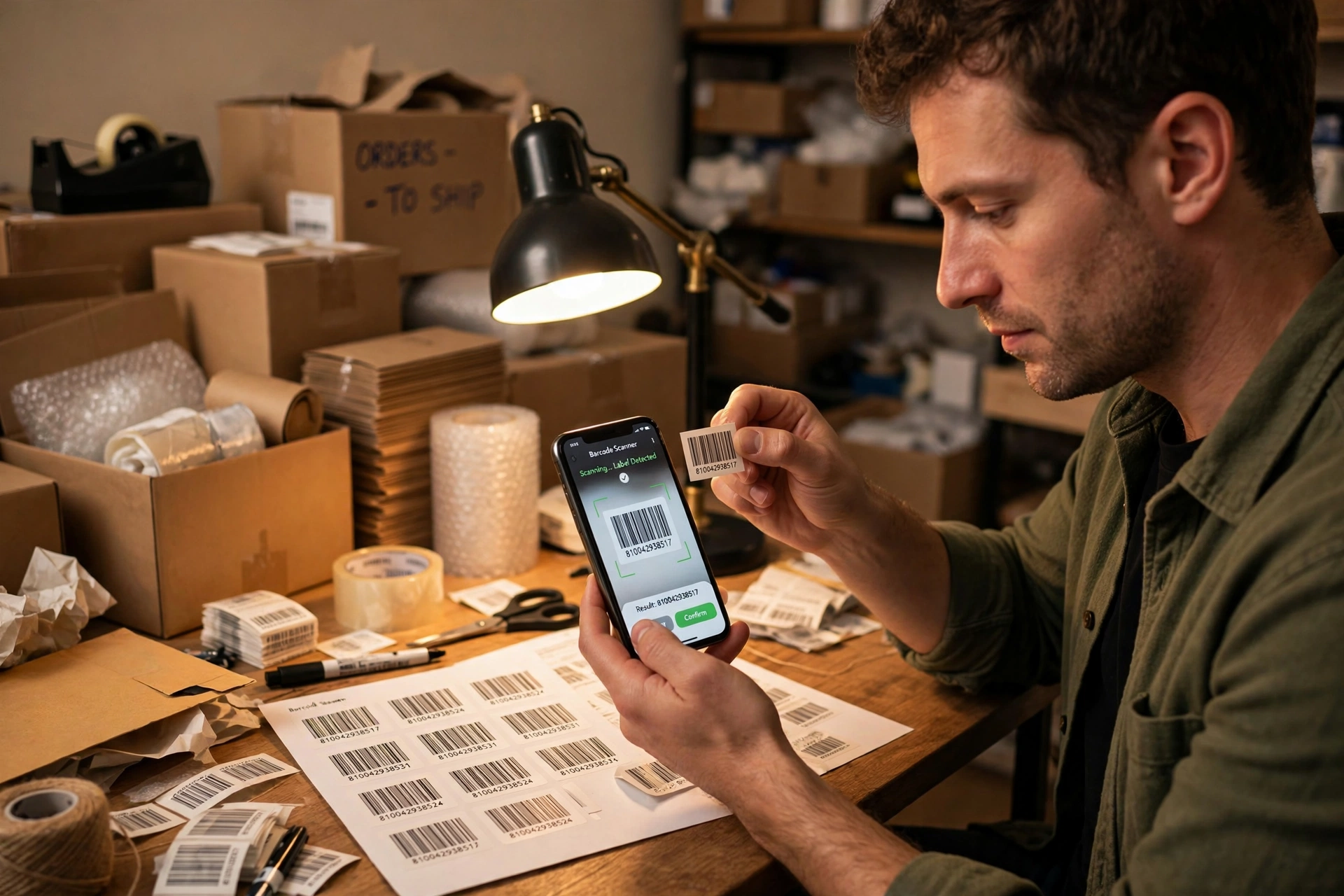 How to Print Barcode Labels at Home Without Wasting Sheets 2 Small business owner testing a printed barcode label with a phone scanner app.
