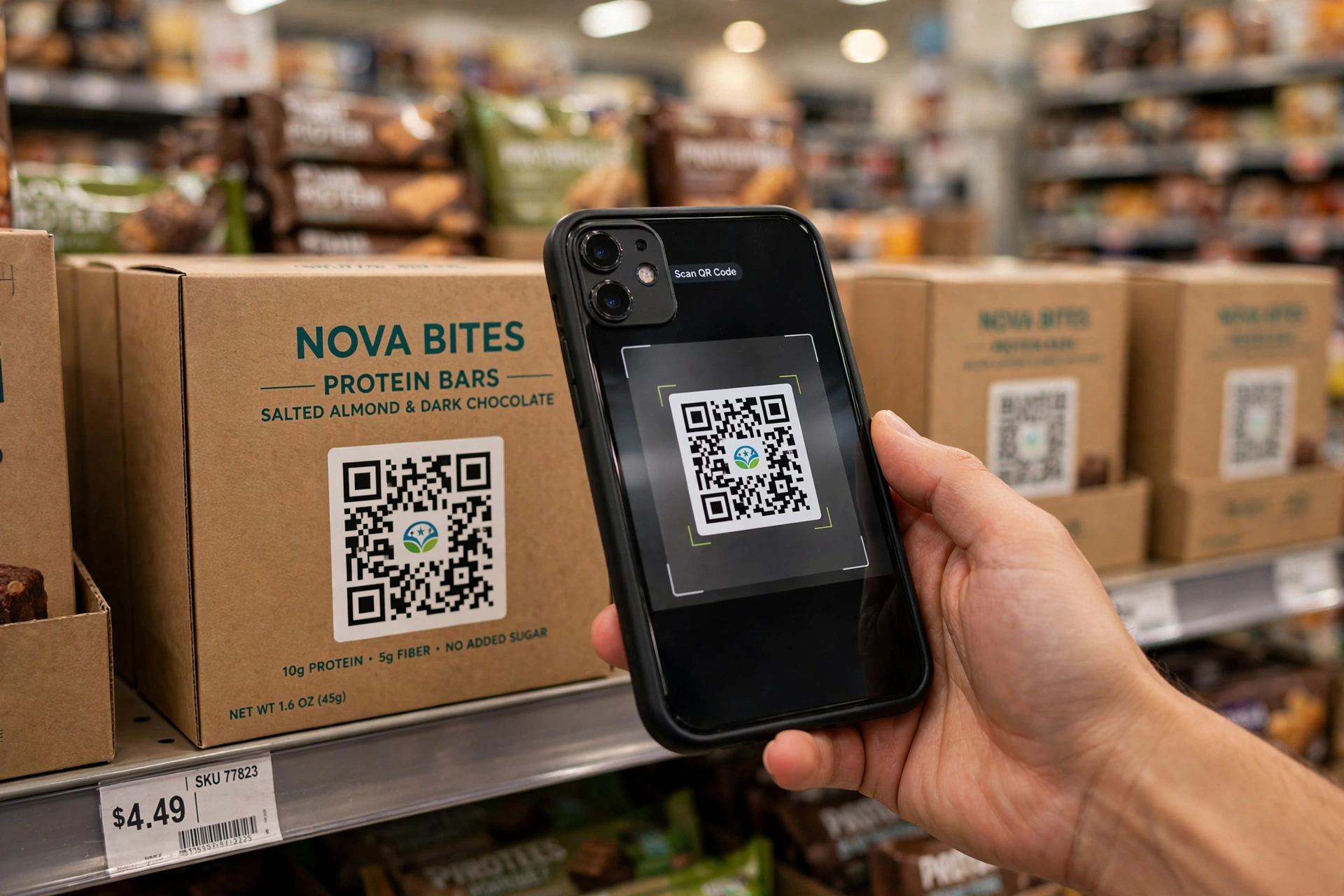 qr code generator with logo - customer scanning a branded QR code on product packaging