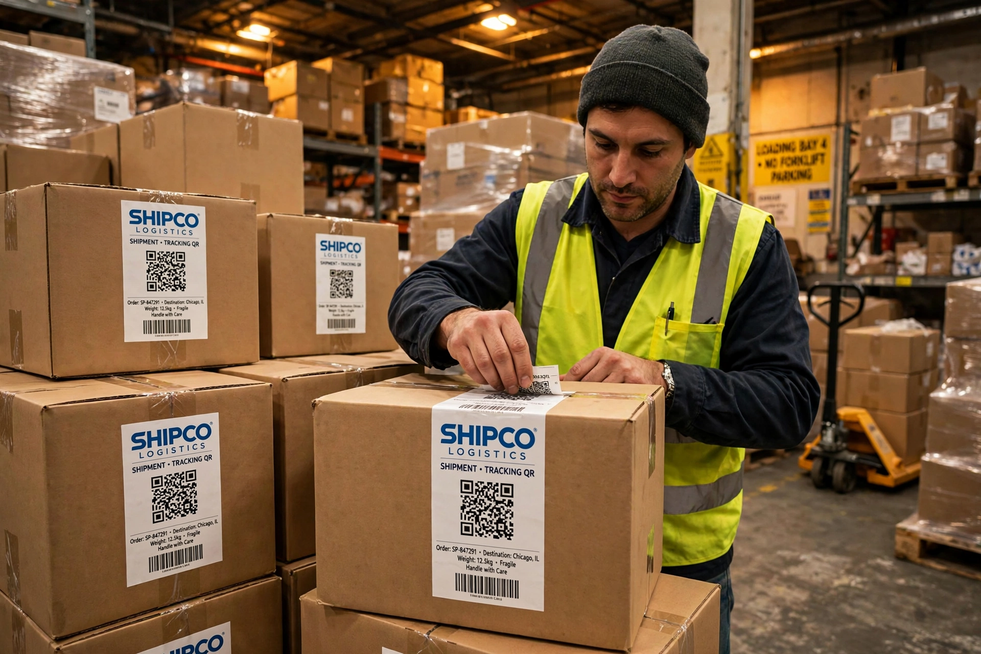 warehouse worker applying branded QR shipping labels to cartons